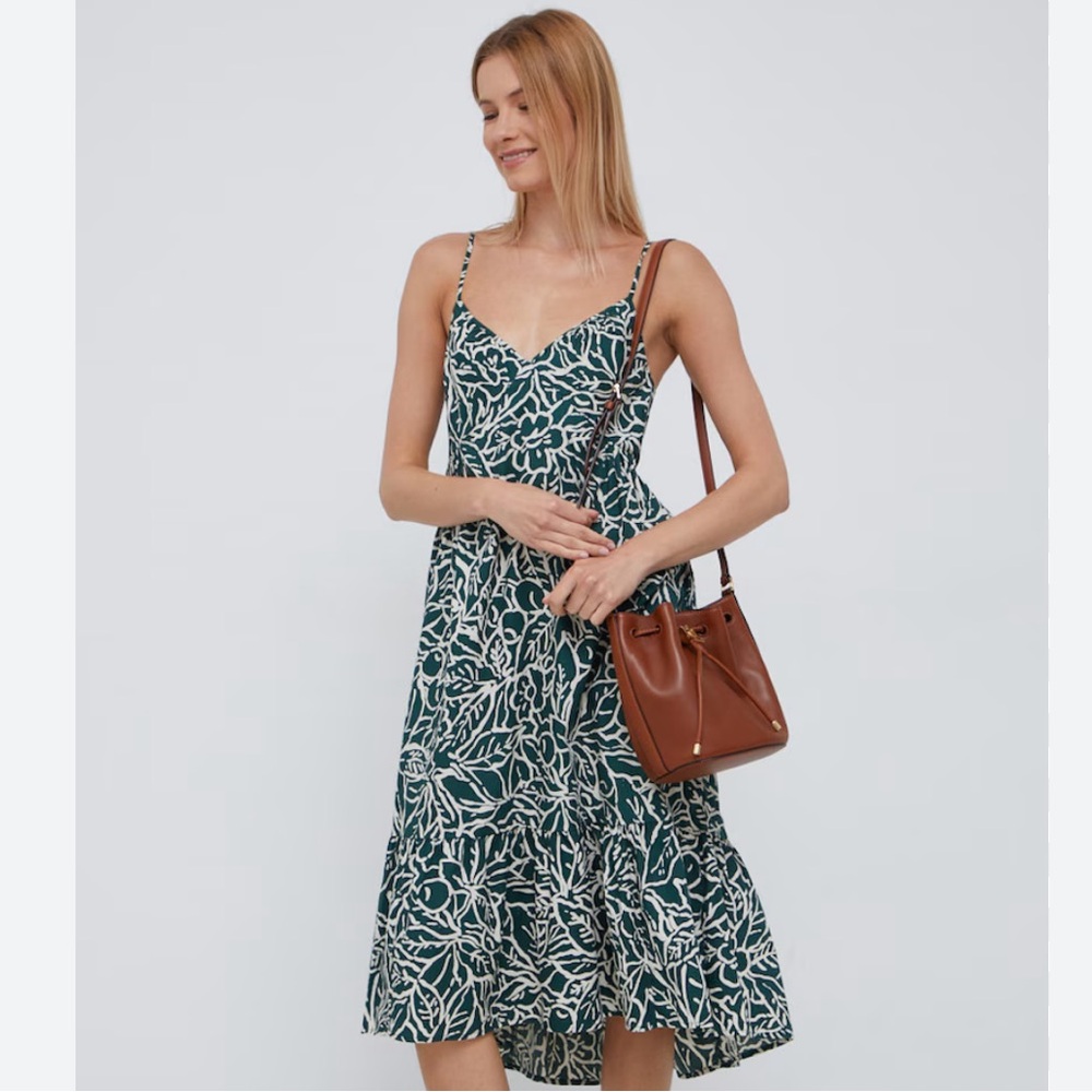 GAP Deep V Neck Cami Midi Dress Green Floral Size L